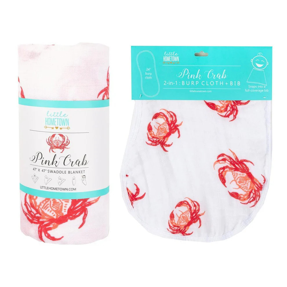 Pink Crab Baby Muslin Swaddle Blanket and Burp Cloth/Bib Combo - perfect gift set for newborns.