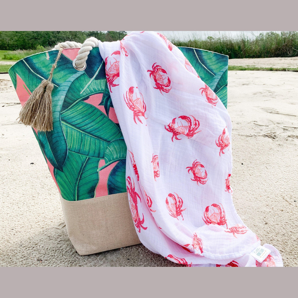 Pink Crab Baby Muslin Swaddle Blanket and Burp Cloth/Bib Combo - perfect gift set for newborns.