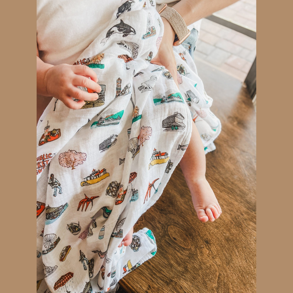 Gift Set: Seattle Baby Muslin Swaddle Blanket and Burp Cloth/Bib Combo Extra Large Bamboo Cotton