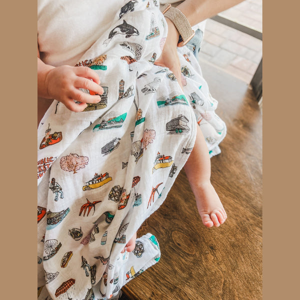 Gift Set: Seattle Baby Muslin Swaddle Blanket and Burp Cloth/Bib Combo Extra Large Bamboo Cotton