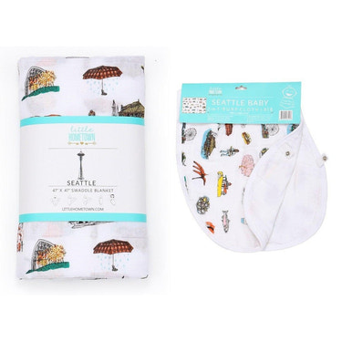 Gift Set: Seattle Baby Muslin Swaddle Blanket and Burp Cloth/Bib Combo