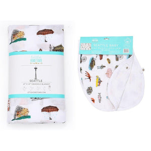 Gift Set: Seattle Baby Muslin Swaddle Blanket and Burp Cloth/Bib Combo Extra Large Bamboo Cotton