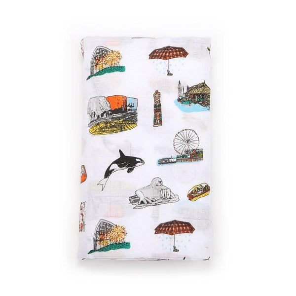 Gift Set: Seattle Baby Muslin Swaddle Blanket and Burp Cloth/Bib Combo