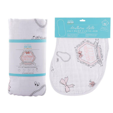 Southern Belle Baby Muslin Swaddle Blanket and Burp Cloth/Bib Combo gift set for infants. Soft, stylish, and practical.