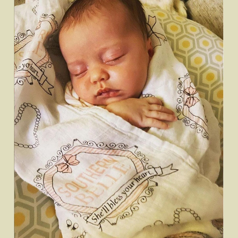 Southern Belle Baby Muslin Swaddle Blanket and Burp Cloth/Bib Combo gift set for infants. Soft, stylish, and practical.