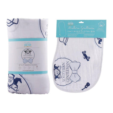 Southern Gentleman Baby Gift Set: Muslin Swaddle Blanket and Burp Cloth/Bib Combo for stylish infant care.