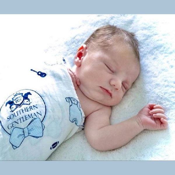Gift Set: Southern Gentleman Baby Muslin Swaddle Blanket and Burp Cloth/Bib Combo Hospital Coming Home Essential