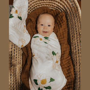 Gift Set: Southern Magnolia Baby Muslin Swaddle Blanket and Burp Cloth/Bib Combo