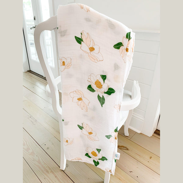 Gift Set: Southern Magnolia Baby Muslin Swaddle Blanket and Burp Cloth/Bib Combo