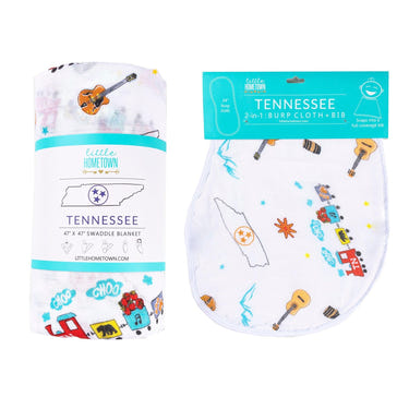 Tennessee Baby Muslin Swaddle Blanket and Burp Cloth/Bib Combo gift set for infants, soft and stylish baby essentials.