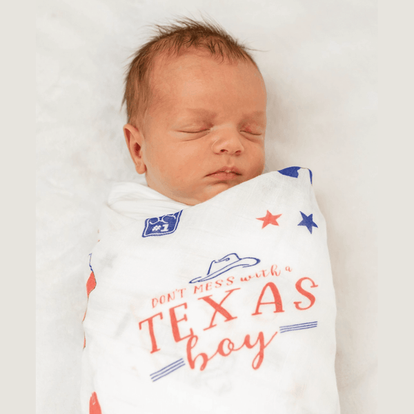 Gift Set: Texas Baby Boy Muslin Swaddle Blanket and Burp Cloth/Bib Combo