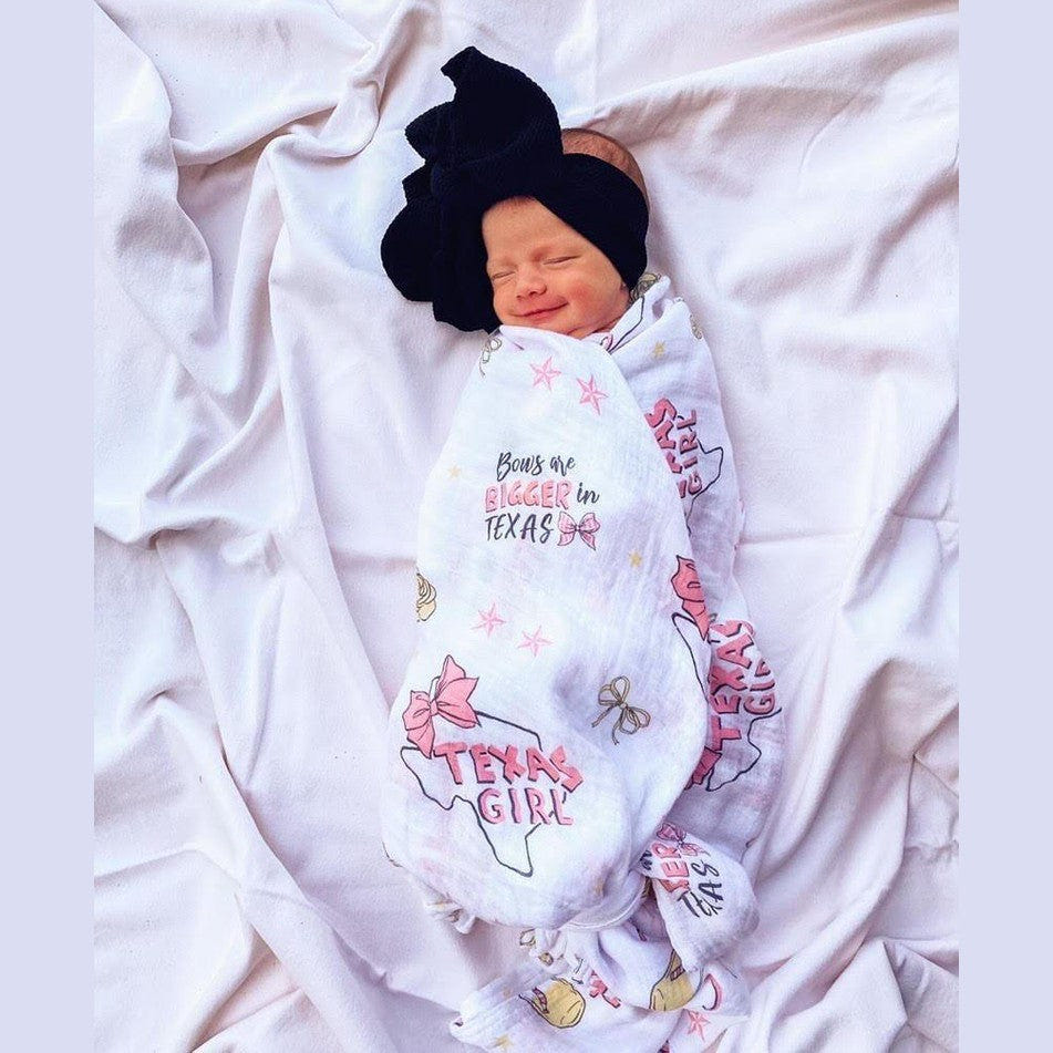 Texas baby girl muslin swaddle blanket and burp cloth/bib combo gift set for stylish and practical baby care.