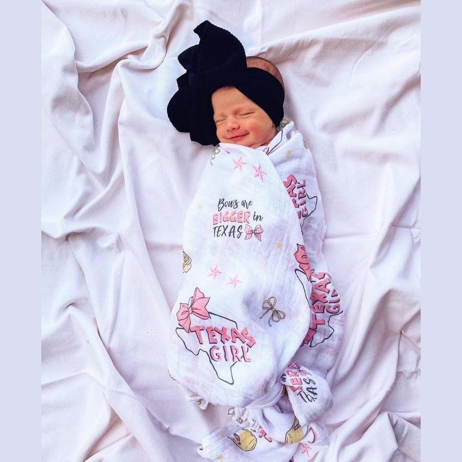 Texas baby girl muslin swaddle blanket and burp cloth/bib combo gift set for stylish and practical baby care.