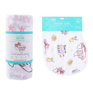 Texas baby girl muslin swaddle blanket and burp cloth/bib combo gift set for stylish and practical baby care.
