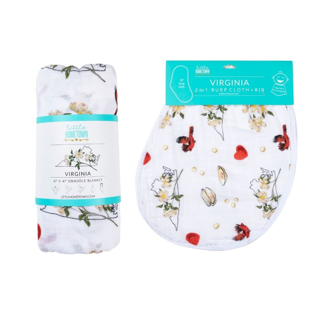 Virginia Baby floral muslin swaddle blanket and burp cloth/bib combo gift set for infants.