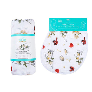 Virginia Baby floral muslin swaddle blanket and burp cloth/bib combo gift set for infants.