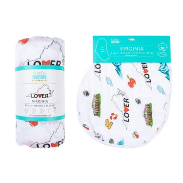 Virginia Baby Muslin Swaddle Blanket and Burp Cloth/Bib Combo gift set for infants, perfect for swaddling and feeding.