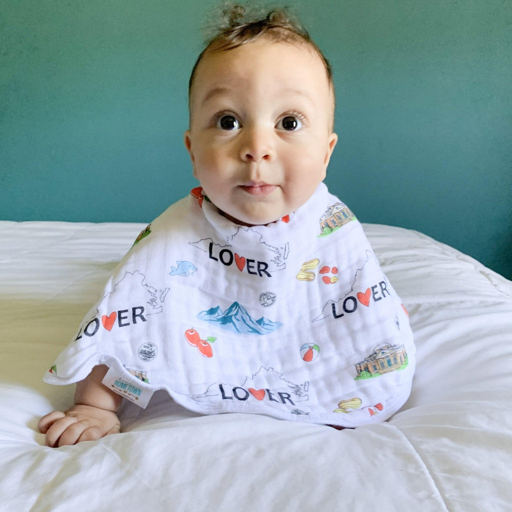 Virginia Baby Muslin Swaddle Blanket and Burp Cloth/Bib Combo gift set for infants, perfect for swaddling and feeding.