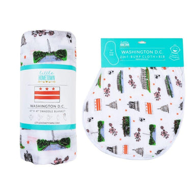 Washington D.C. baby muslin swaddle blanket and burp cloth/bib combo gift set for infants.