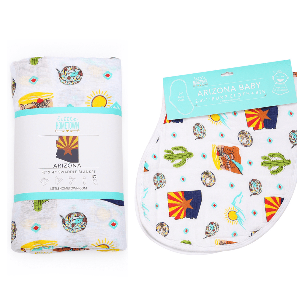 Arizona Baby Muslin Swaddle Blanket and Burp Cloth/Bib Combo Gift Set for infants, soft and stylish baby essentials.