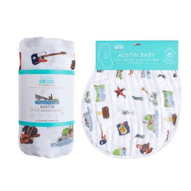 Austin Baby Muslin Swaddle Blanket and Burp Cloth/Bib Combo Gift Set for infants, soft and stylish baby essentials.