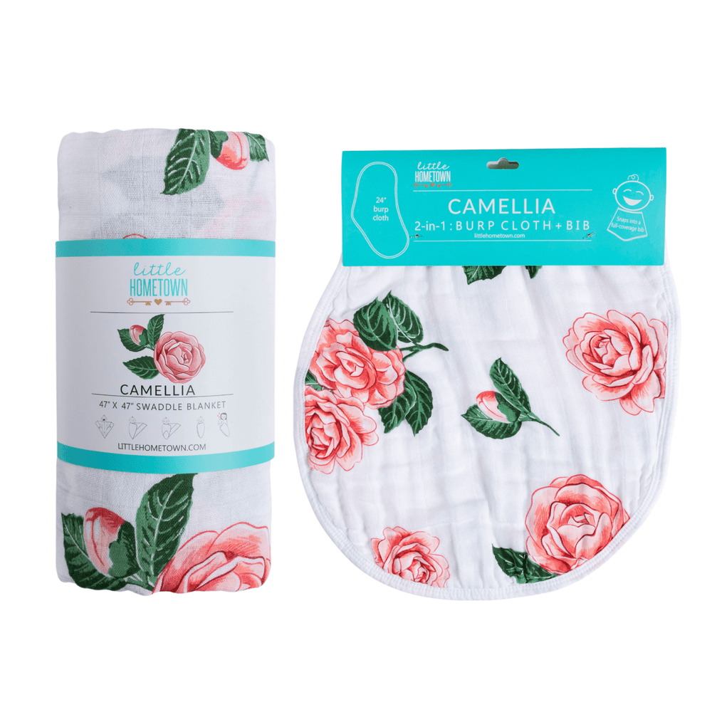 Camelia Baby Muslin Swaddle Blanket and Burp Cloth/Bib Combo - Soft, stylish gift set for newborns.