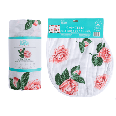 GiftSet: Camelia Baby Muslin Swaddle Blanket and Burp Cloth/Bib Combo