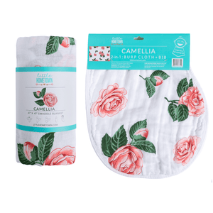 GiftSet: Camelia Baby Muslin Swaddle Blanket and Burp Cloth/Bib Combo
