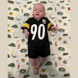 GiftSet: Pittsburgh Baby Muslin Swaddle Blanket and Burp Cloth/Bib Combo Baby Shower Essential for Newborn