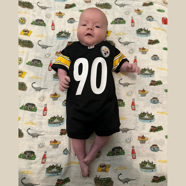 GiftSet: Pittsburgh Baby Muslin Swaddle Blanket and Burp Cloth/Bib Combo Baby Shower Essential for Newborn