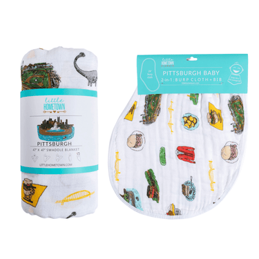 Pittsburgh Baby Muslin Swaddle Blanket and Burp Cloth/Bib Combo gift set for infants, perfect for swaddling and feeding.