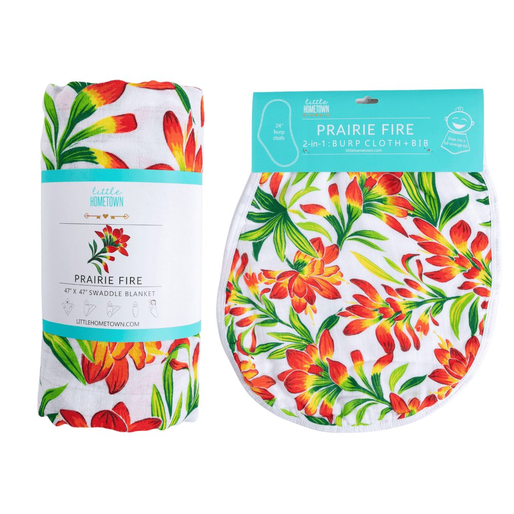 Prairie Fire Baby Muslin Swaddle Blanket and Burp Cloth/Bib Combo gift set for infants. Soft, stylish, and practical.