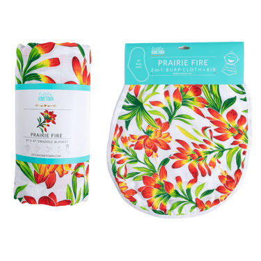 Prairie Fire Baby Muslin Swaddle Blanket and Burp Cloth/Bib Combo gift set for infants. Soft, stylish, and practical.