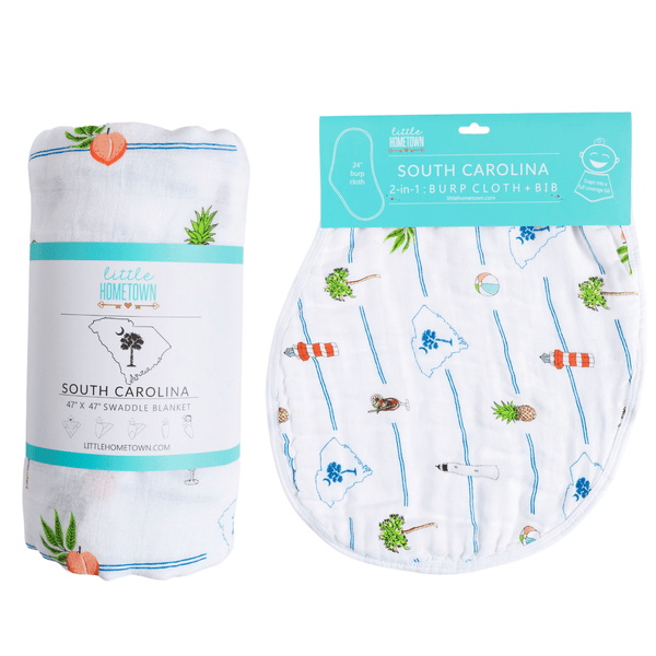 GiftSet: South Carolina Baby Muslin Swaddle Blanket and Burp Cloth/Bib Combo Baby Shower Essential for Newborn