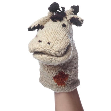 Organic wool knit hand puppet of Gerald the Giraffe, perfect for imaginative play and cuddles.