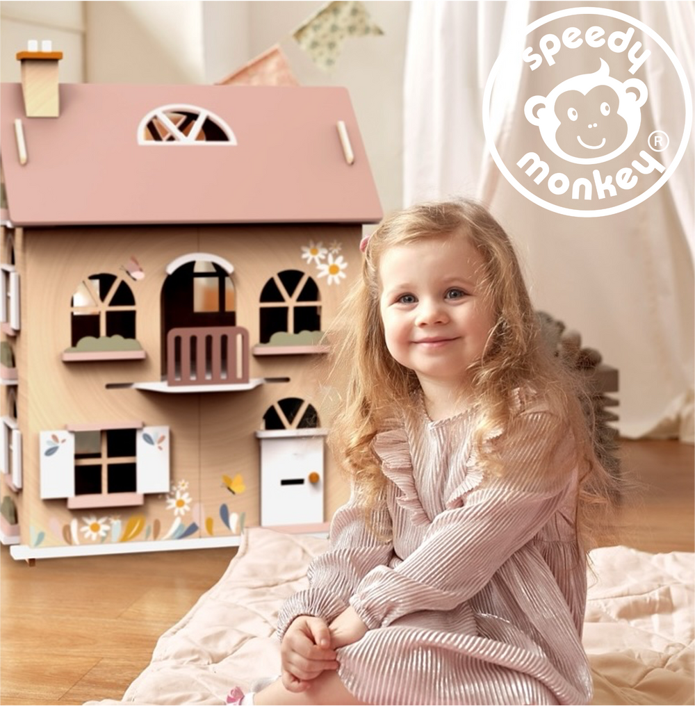 Doll house kitchen set with 4 chairs and 1 character, perfect for imaginative play.