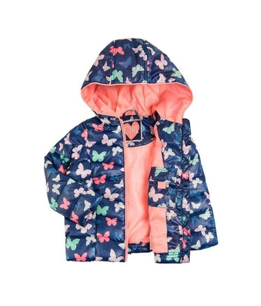 Girls butterfly jacket in vibrant colors, perfect for stylish warmth in coats and parkas.