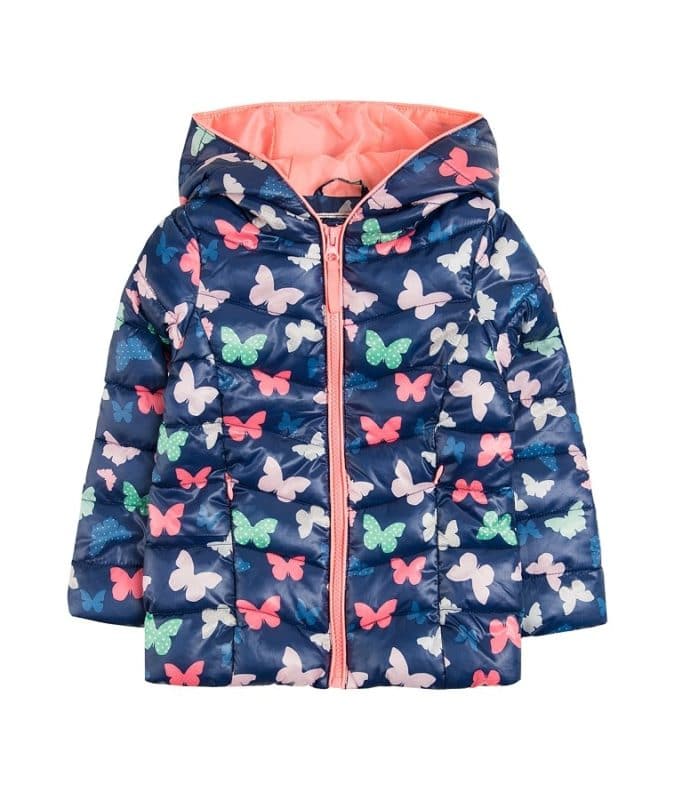 Girls butterfly jacket in vibrant colors, perfect for stylish warmth in coats and parkas.