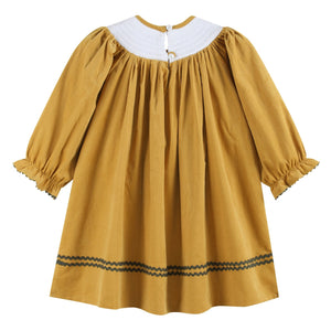 Gold Corduroy Sunflower Smocked Bishop Dress