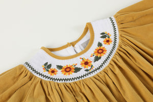 Gold Corduroy Sunflower Smocked Bishop Dress