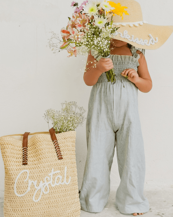 Goldie Smocked Jumpsuit - Sage Pinstripe