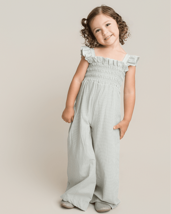 Goldie Smocked Jumpsuit - Sage Pinstripe