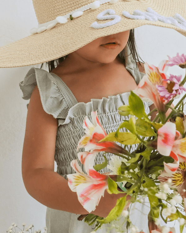 Goldie Smocked Jumpsuit - Sage Pinstripe