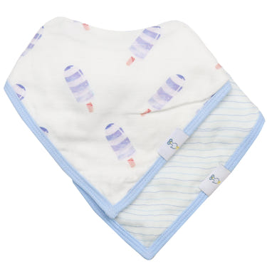 Popsicle and Stripes Blue 2 Pack Muslin & Terry Cloth Bib Set for babies, featuring fun designs and soft materials.