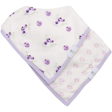Blueberries and Flowers Lavender 2 Pack Muslin & Terry Cloth Bib Set for babies, featuring vibrant designs and soft materials.