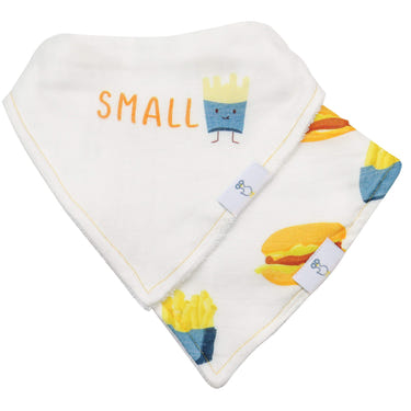 Small Fry and Burgers and Fries 2 Pack Muslin & Terry Cloth Bib Set for babies, featuring fun food-themed designs.