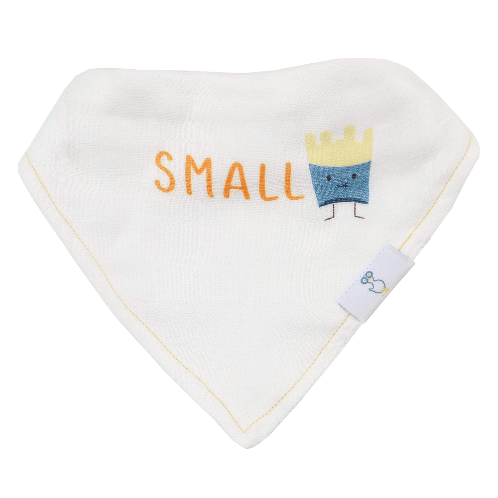 Small Fry and Burgers and Fries 2 Pack Muslin & Terry Cloth Bib Set for babies, featuring fun food-themed designs.