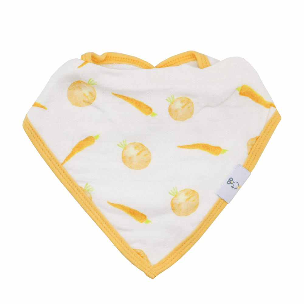 Carrots and Shapes Orange 2 Pack Muslin & Terry Cloth Bib Set for babies, featuring vibrant colors and soft materials.