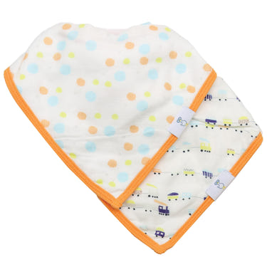 Circles and Trains 2 Pack Muslin & Terry Cloth Bib Set for babies, featuring playful designs and soft, absorbent materials.