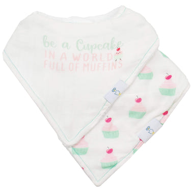 Muffin and Cupcake 2 Pack Muslin & Terry Cloth Bib Set for babies, featuring adorable designs and soft, absorbent materials.